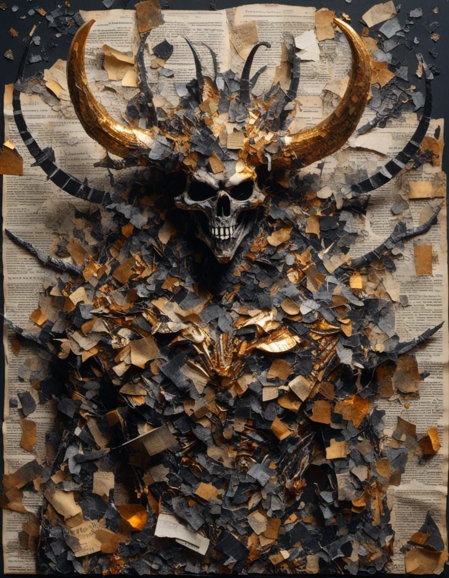 <lora:Supa Collage:1.0> collage of the scary horned demon , newspaper clippings
, magazine clippings, black paper,  gold paper, screaming ,...