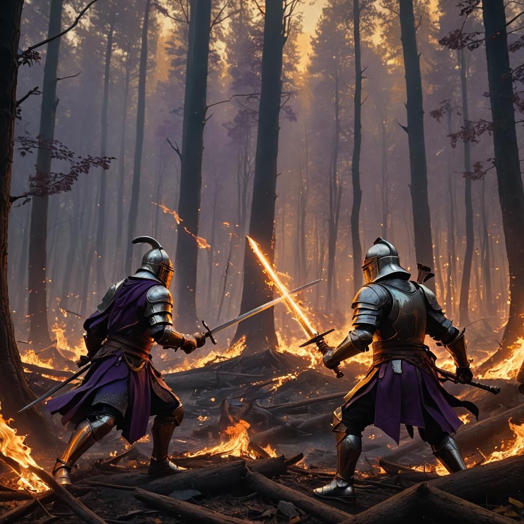 two knight having a duel with flaming swords while in a fore...