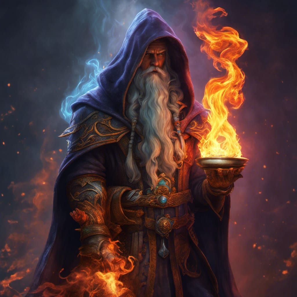 wizard with fire power , hooded, smoke, by don maitz Splash art ...