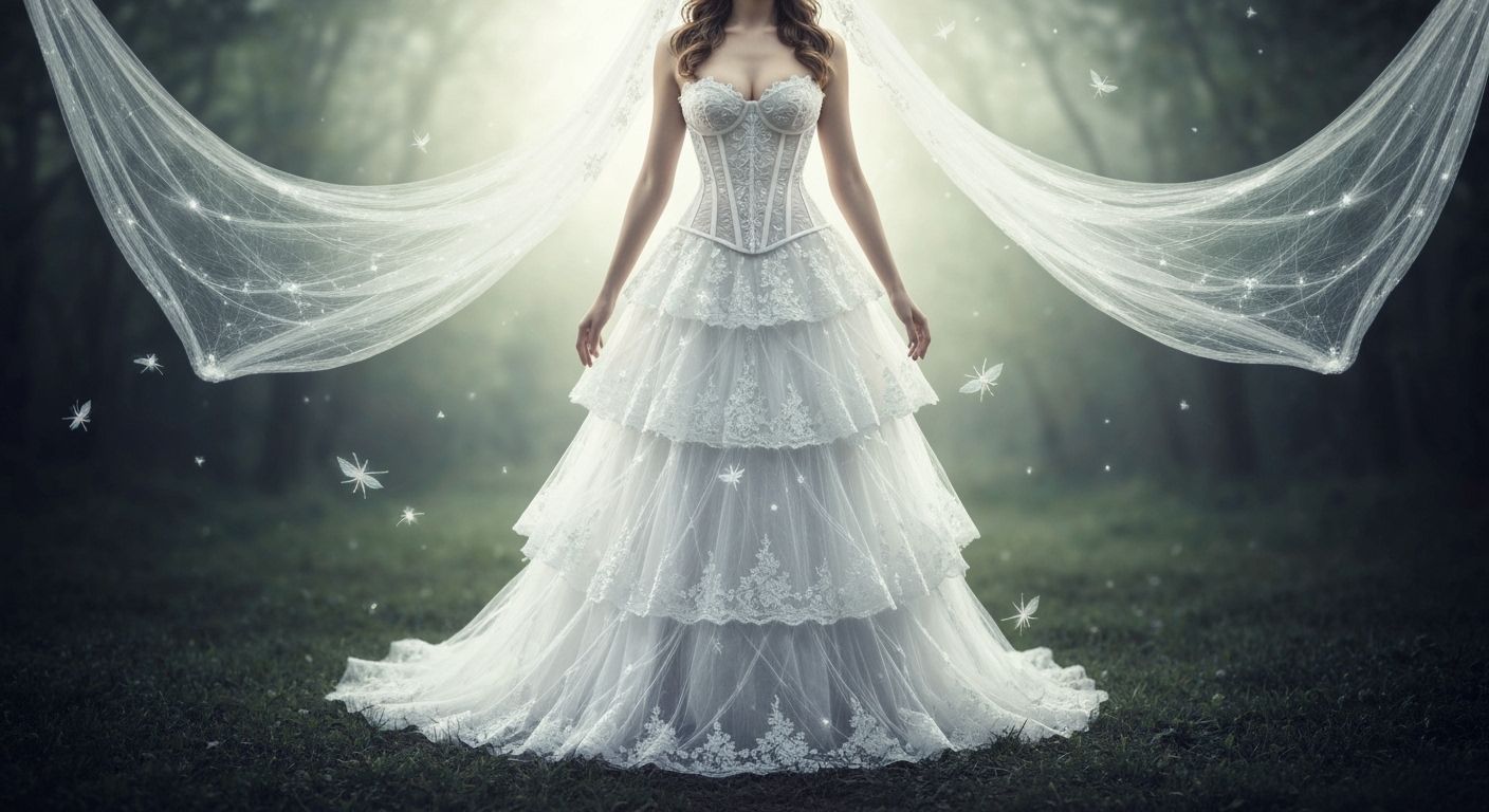 The Bride in a Spiderweb Wedding Gown

A bride stands in a soft dreamy clearing, wearing an elaborate couture wedding dress woven entirely f...