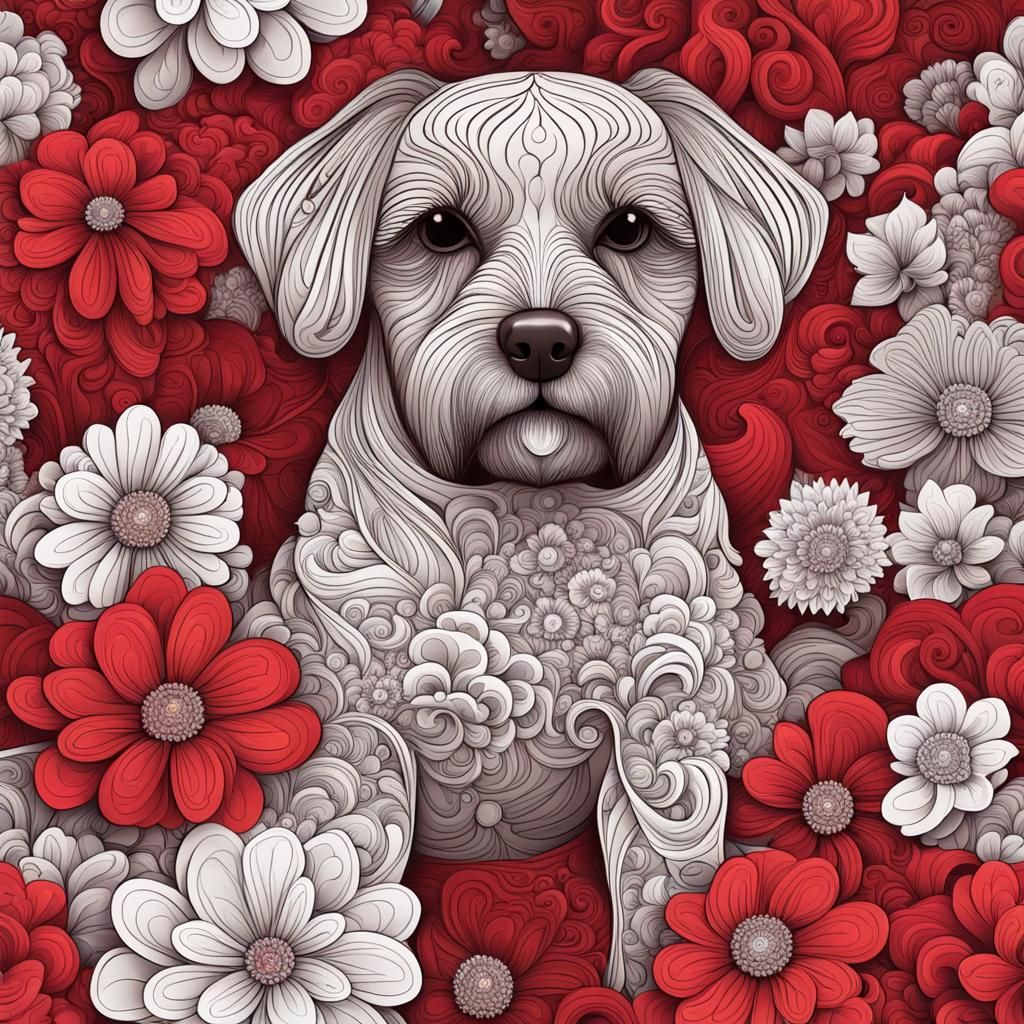 Cute little doggy with a bunch of flowers surrounding it and...