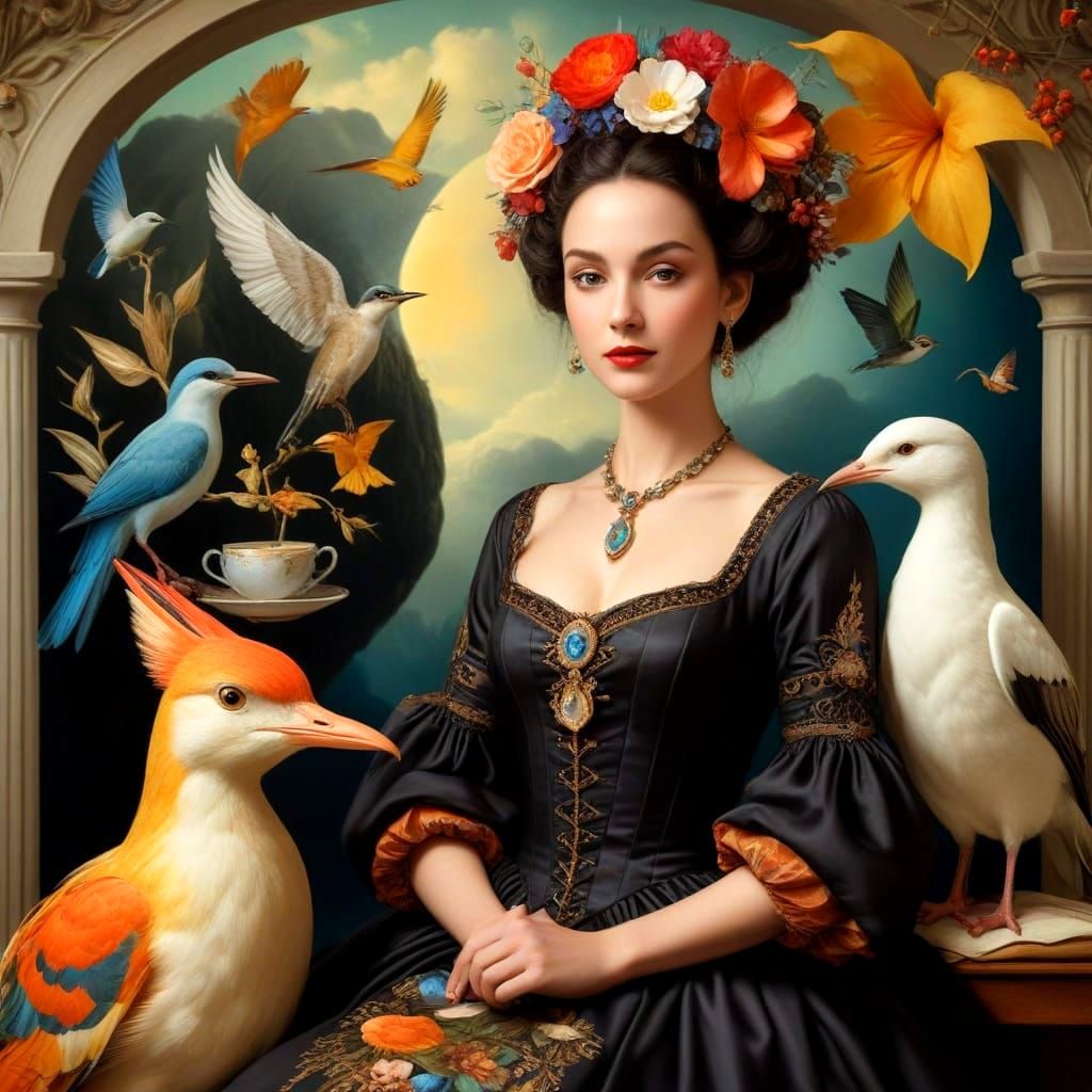 Surrealistic Fantasy Portrait of a Happy Lady with Vibrant A...