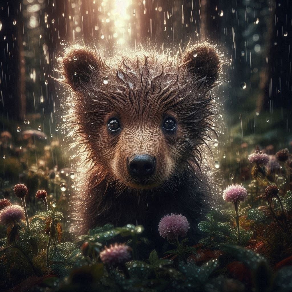 Extremely detailed cinematic film still photography of centered portrait of a bear cub in a rain storm. forest floor. flowers: left side vie...