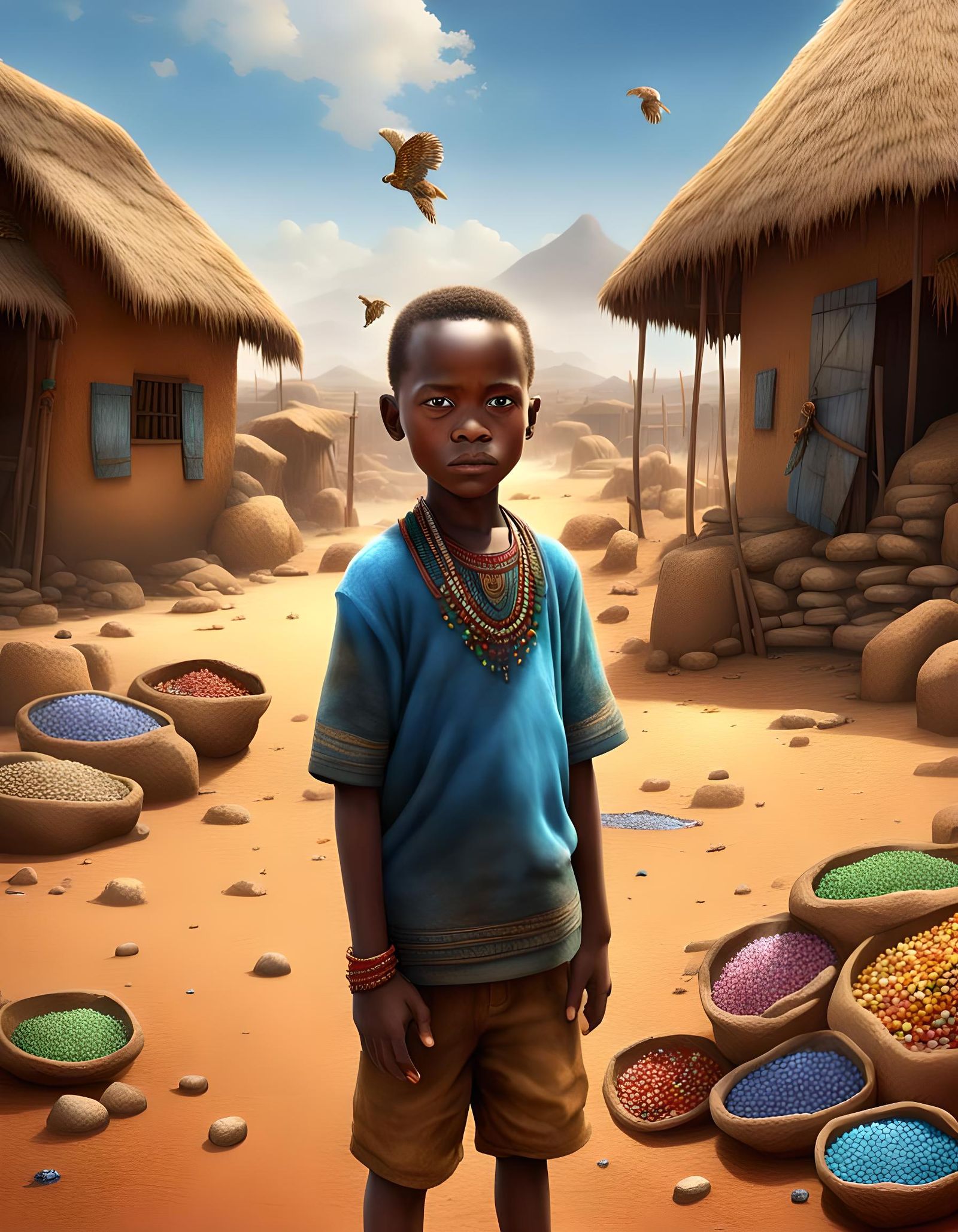 an 8-year-old African stands facing us with his hand outstre...