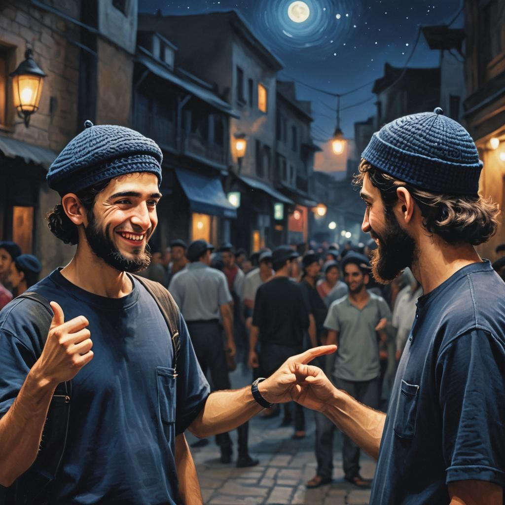 Haredi Men Converse Under Moonlight: Matte Painting