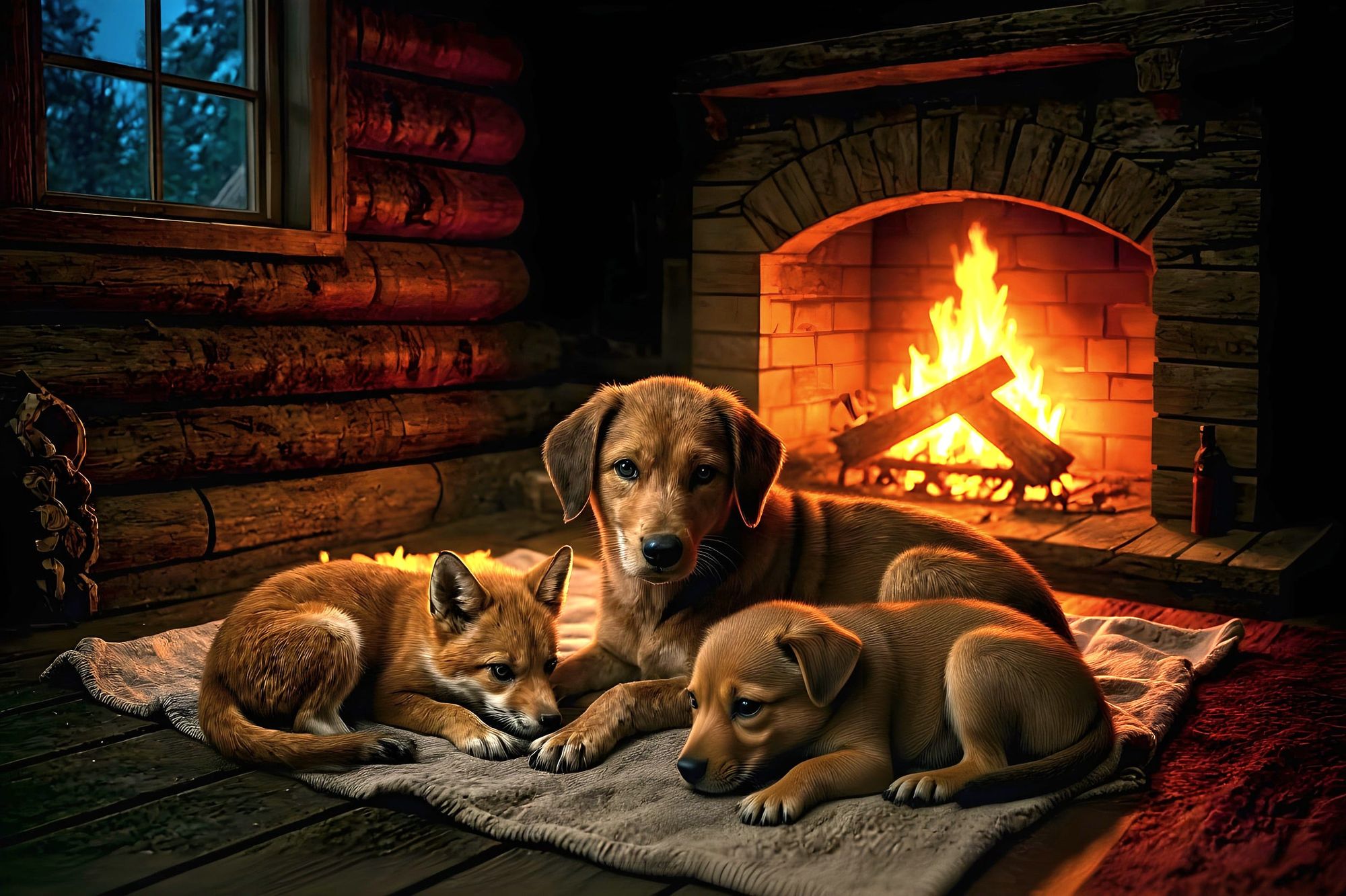 An Image of a baby fox curled up next to a hound dog and her pups as they’re nursing. They’re laying on a blanket in front of a glowing red ...