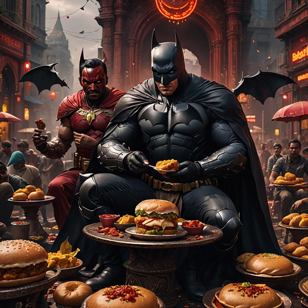 Batman eating vadapav with a fat dark Indian Guy sitting on a red colour  activa - AI Generated Artwork - NightCafe Creator