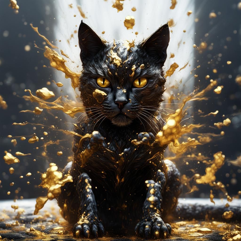 black cat shattering, gold splatter paint - AI Generated Artwork ...