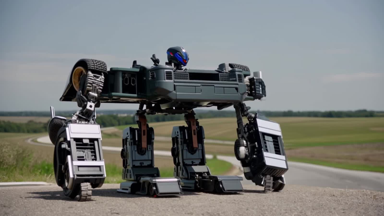 A transforming robot that transforms into a Ford Fiesta, driving down a country road