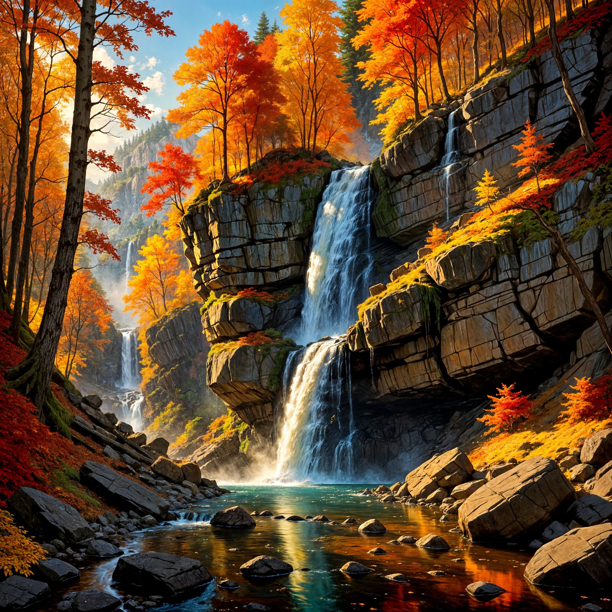 A majestic waterfall cascades down a cliff face covered in vibrant autumn foliage of deep reds, oranges, and golds. The water catches the go...