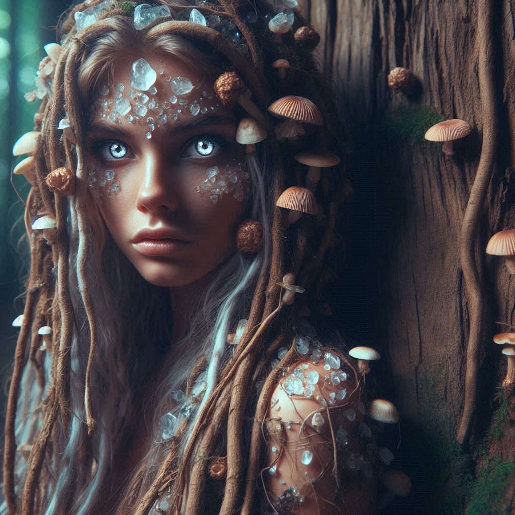 The Mycelium Oracle A forest spirit crowned in fungi and cry...