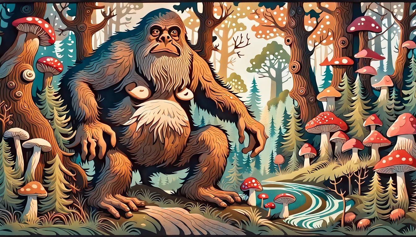 Sasquatch and the mushroom people; Whimsical and colorful fo...