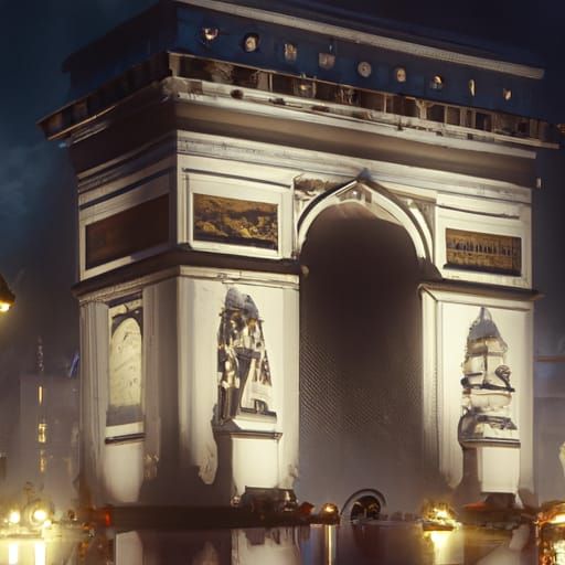 A beautiful oil painting of a hyperrealistic Arc de Triomphe...