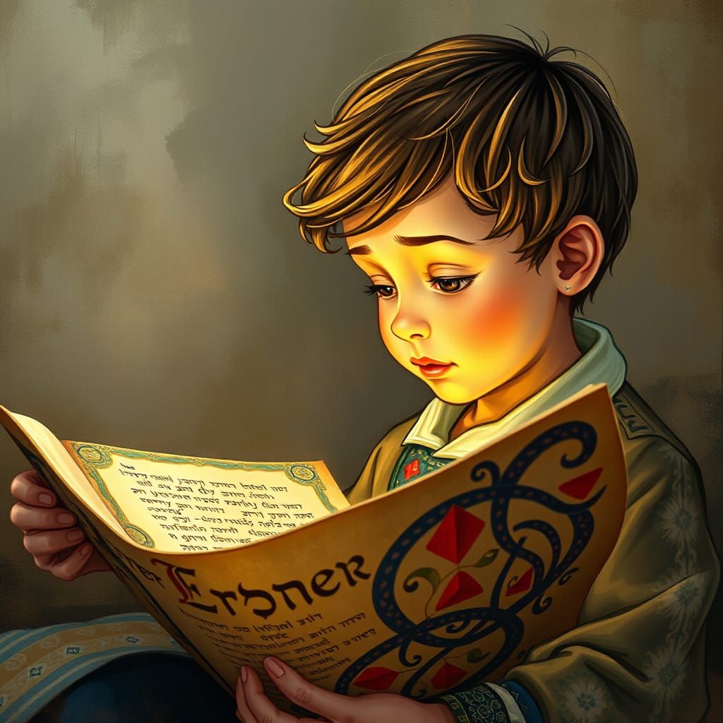 Whimsical Jewish Boy Reads from Vibrant Esther Scroll in Dre...