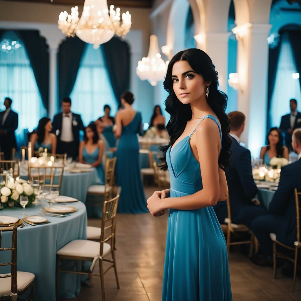 a full body shot of an attractive black haired young woman wearing a long blue dress at a wedding reception