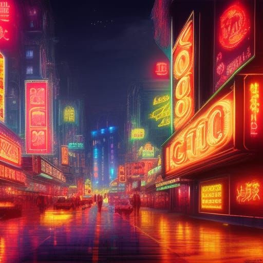 A city street at night, lit up with neon signs, Epic cinemat...