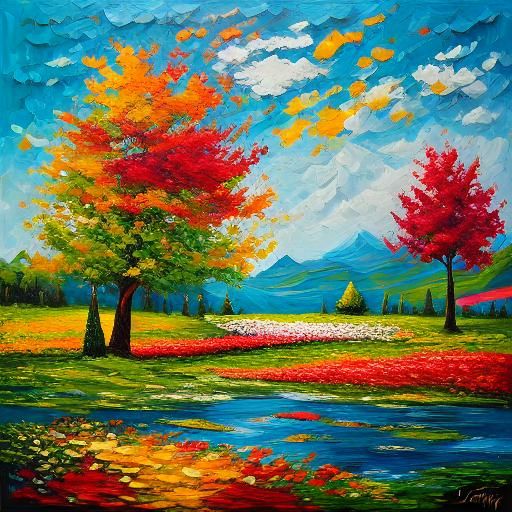 <lora:Impasto15:1.0>  village lake flowers trees sunny day bold color colorful vibrant 