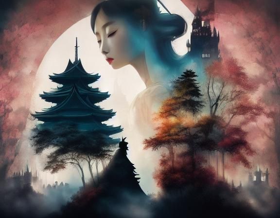 eautiful Ninja portrait silhouette with !!Double exposure ef...