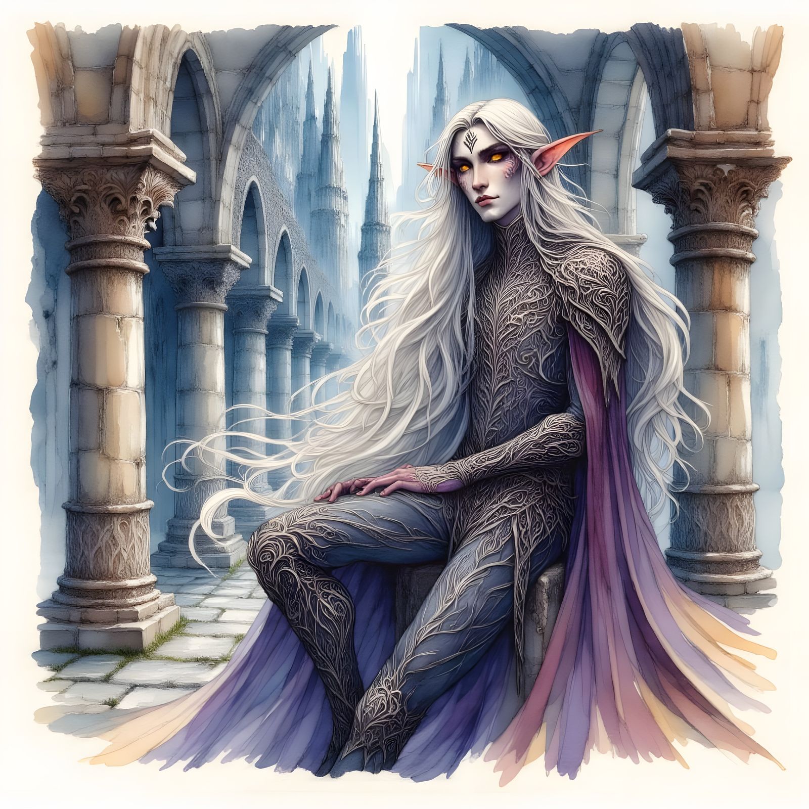 <lora:ElvenRuins:1.0> watercolor and ink painting of an ethereal, dark elf male, elven ruins
