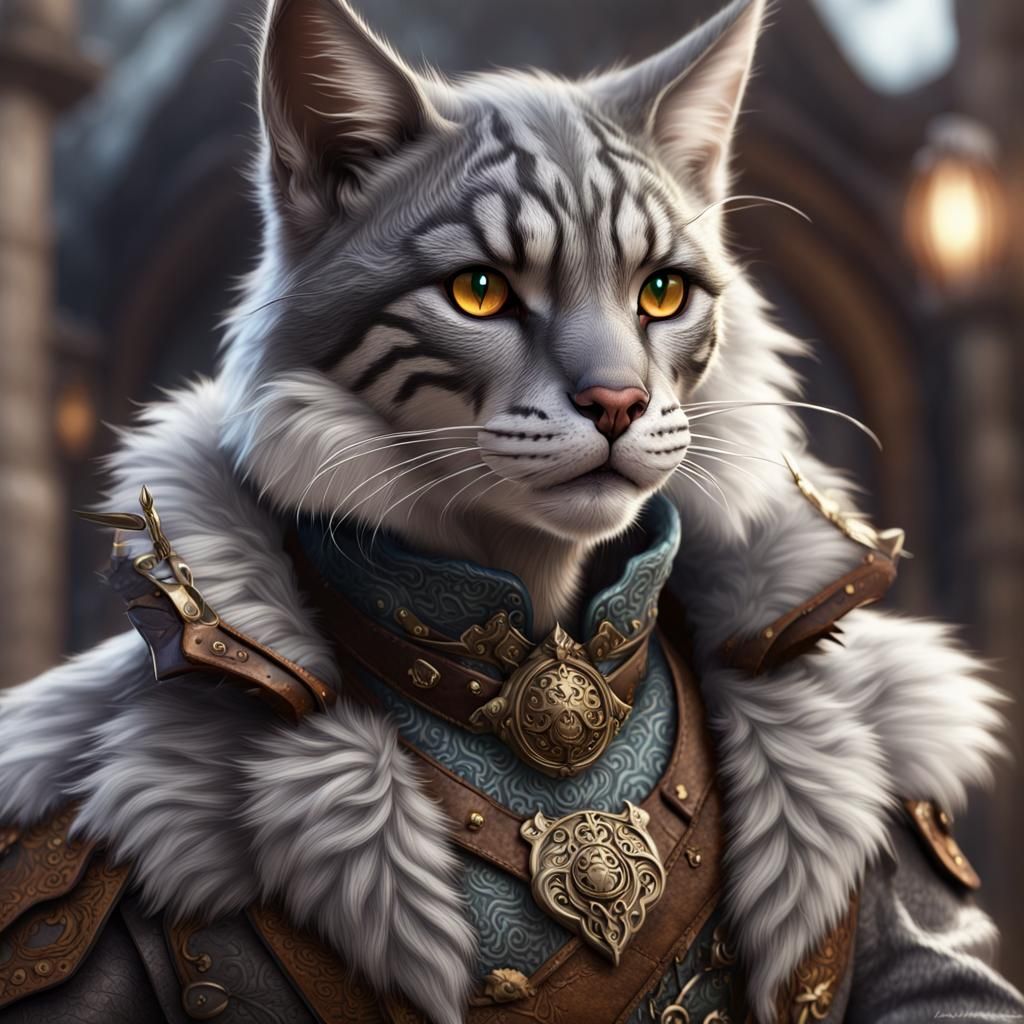 tabaxi male, short dappled gray fur, leather, detailed matte painting ...