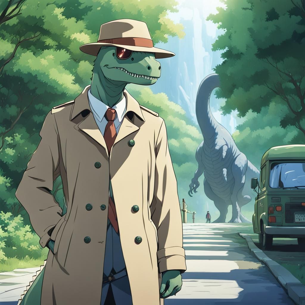 A dinosaur with a hat, sunglasses and a trench coat