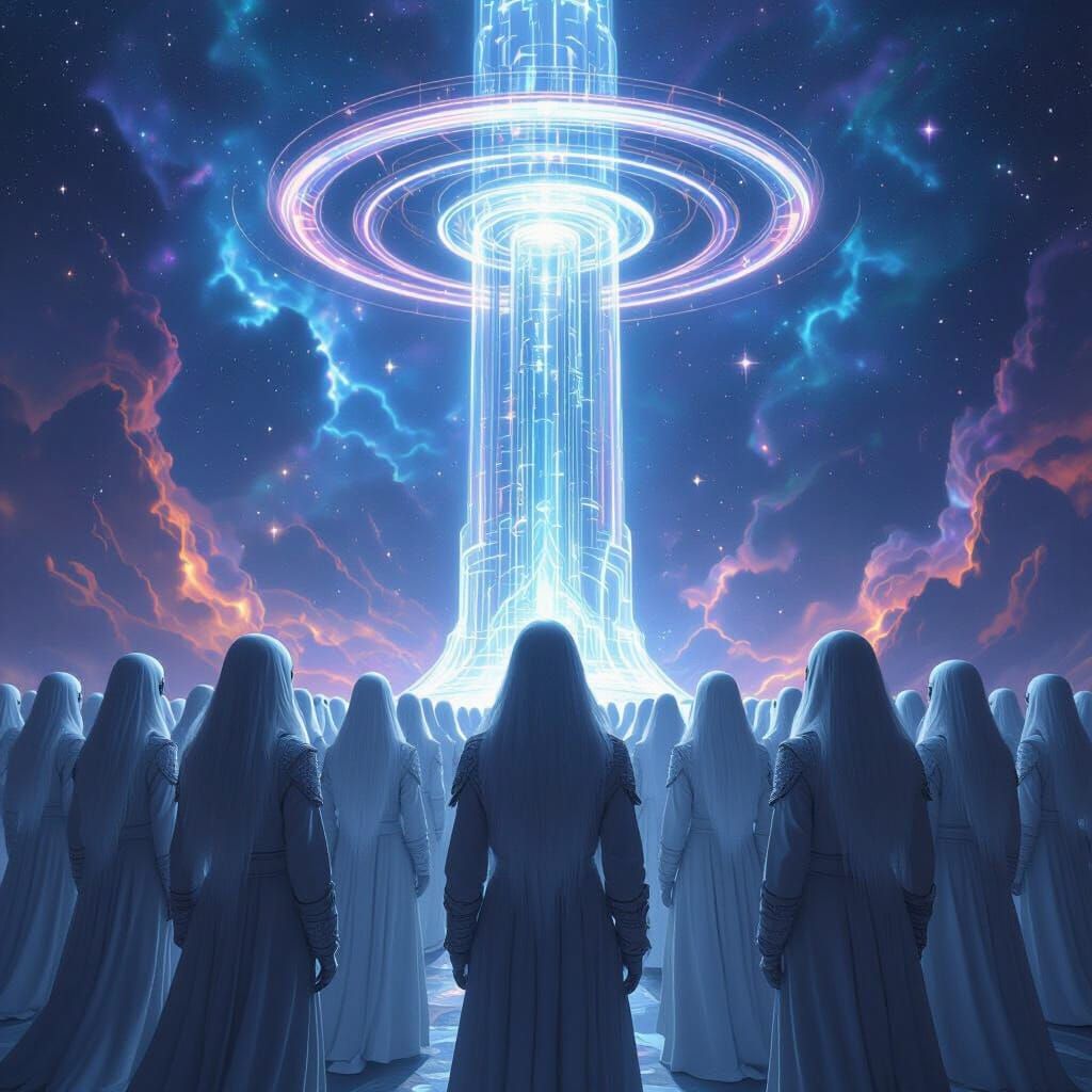 An army of 5th Dimensional Light Beings, including Arcturians, Pleiadians, aeen from their front. Behind them there is a tower of light with...