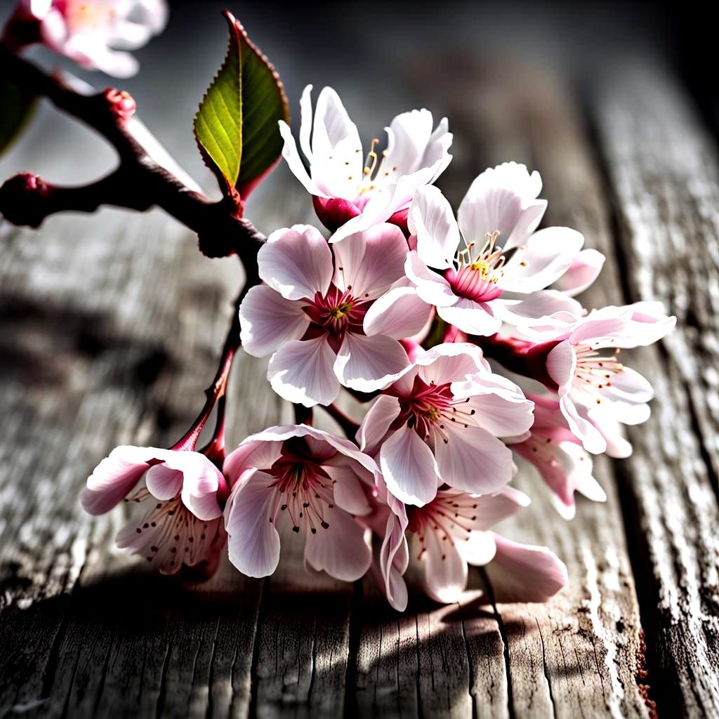 A photorealistic extreme macro close-up of cherry blossoms on a single branch. Perfect composition. Background of weathered gray boards. 3D...