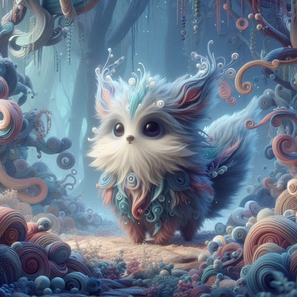 Mystical Critter in Whimsical Forest This image shows a mystical creature with fur in a whimsical forest. The design evokes futuristic organ...