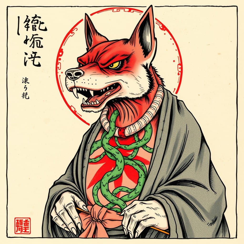 Ancient Japanese Dog Priest in Celestial Splendor