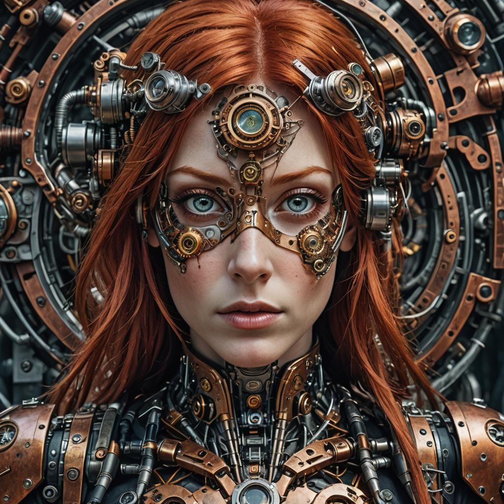 A beautiful red haired woman with cybernetic eyes and enhanc...