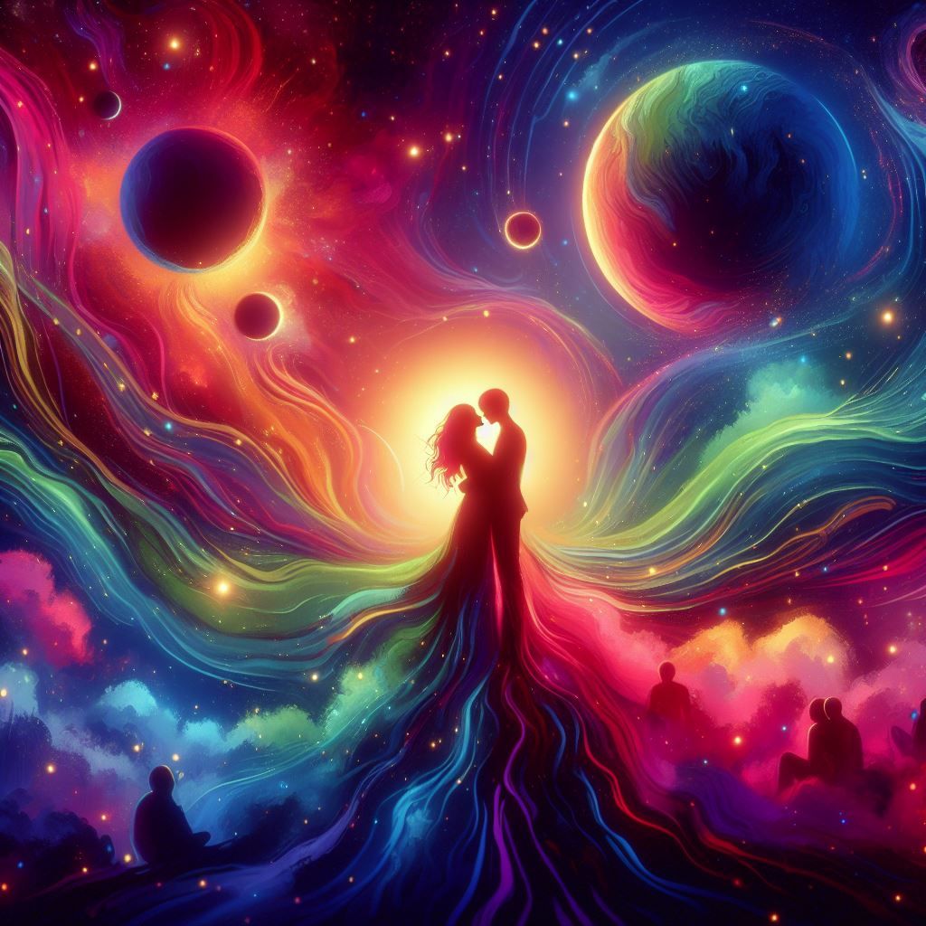 Soulmates, two souls with the same rainbow color. Hugging in the universe. A lovely encounter after many millenniums. Si...