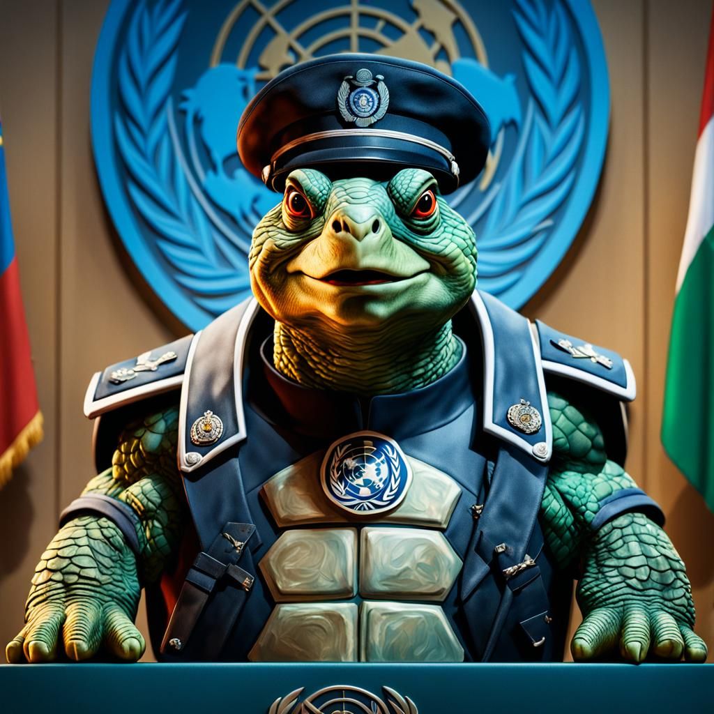 realistic anthropomorphic turtle (visible shell) dressed as ...