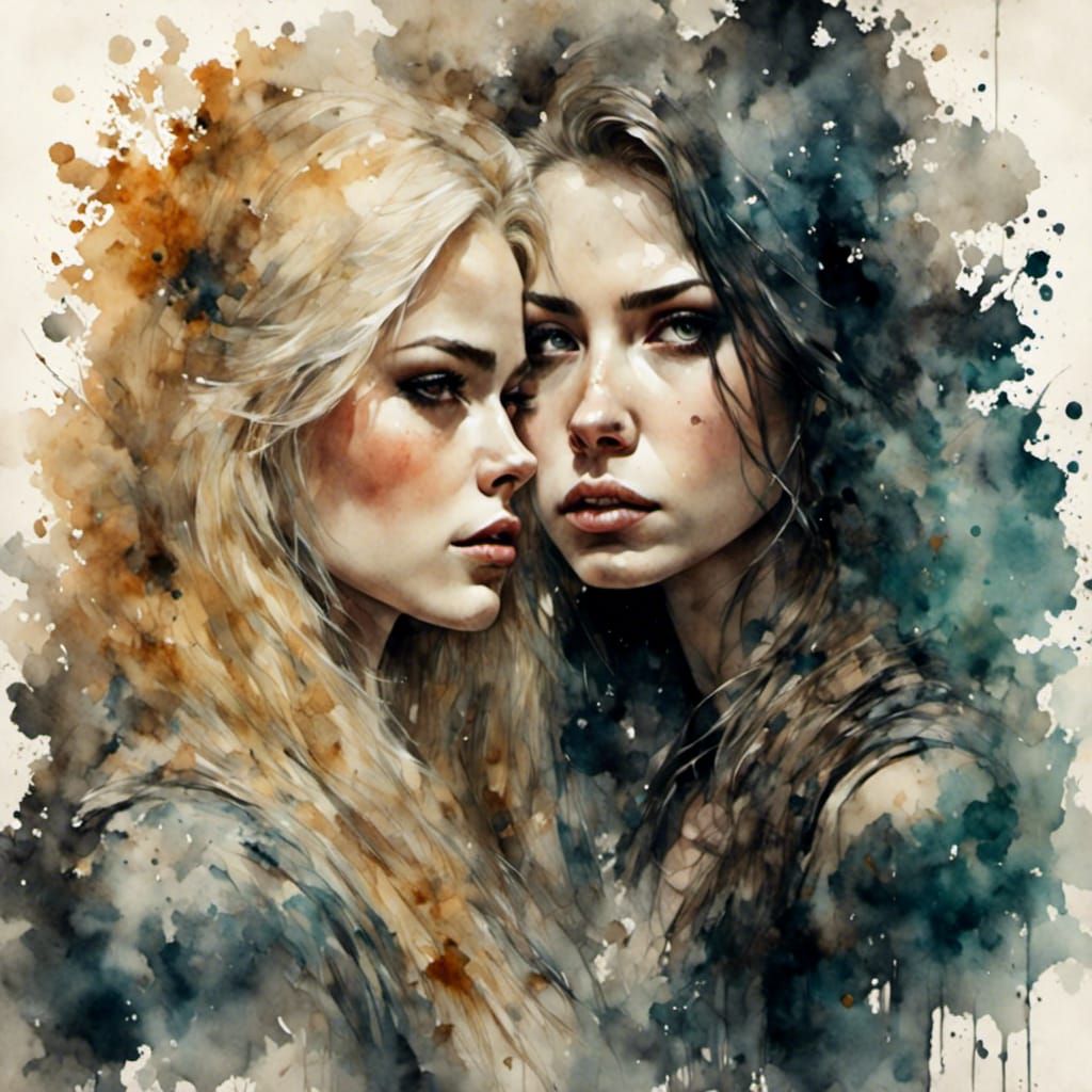 Stunning blonde woman and a stunning brunette woman fantasy <lora:Antique Watercolor:1.0><lora:Ektachrome dreaming:1.0>