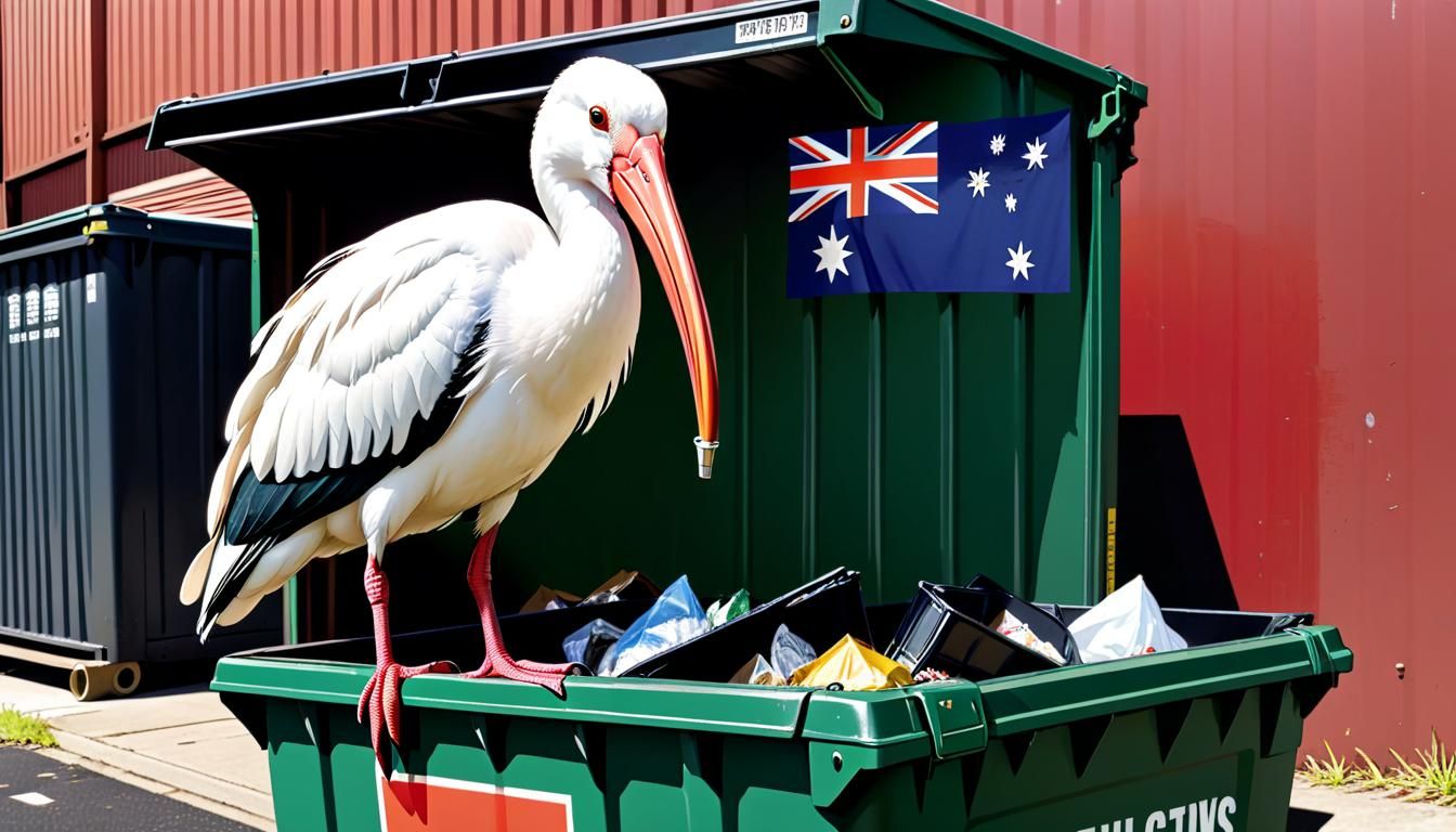white ibis "bin chicken" perched on the edge dumpster eating...