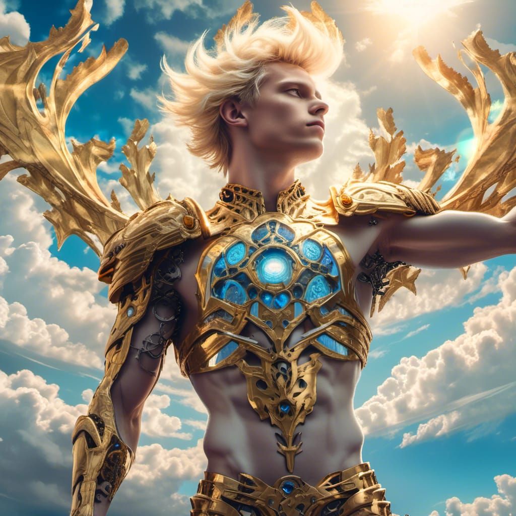 low angle, fisheye lens, Mind-blowing illustrations Full body image of a Very handsome young looking male Adonis god with piercing glowing b...