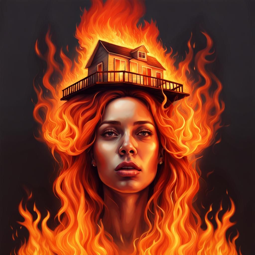 arafed woman with a burning house on her head, all face covered with a