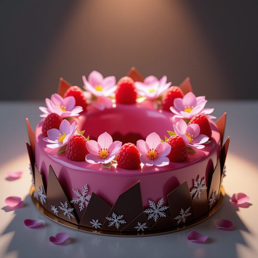 A raspberry mousse ring encircled with silver-dusted chocolate shards. As the camera circles, the mousse glows under spotlight. A drop of ra...