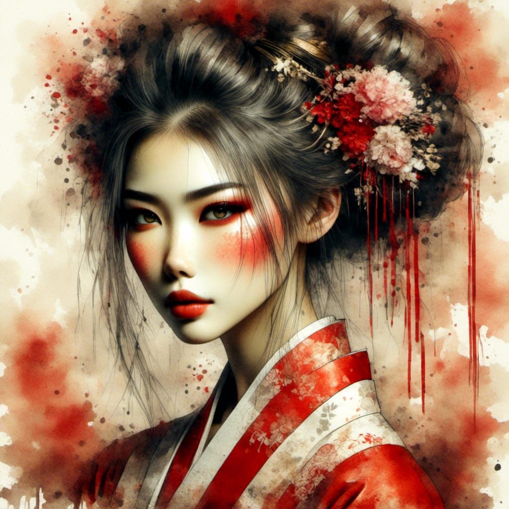Stunning Geisha Portrait in Watercolor Impasto Style