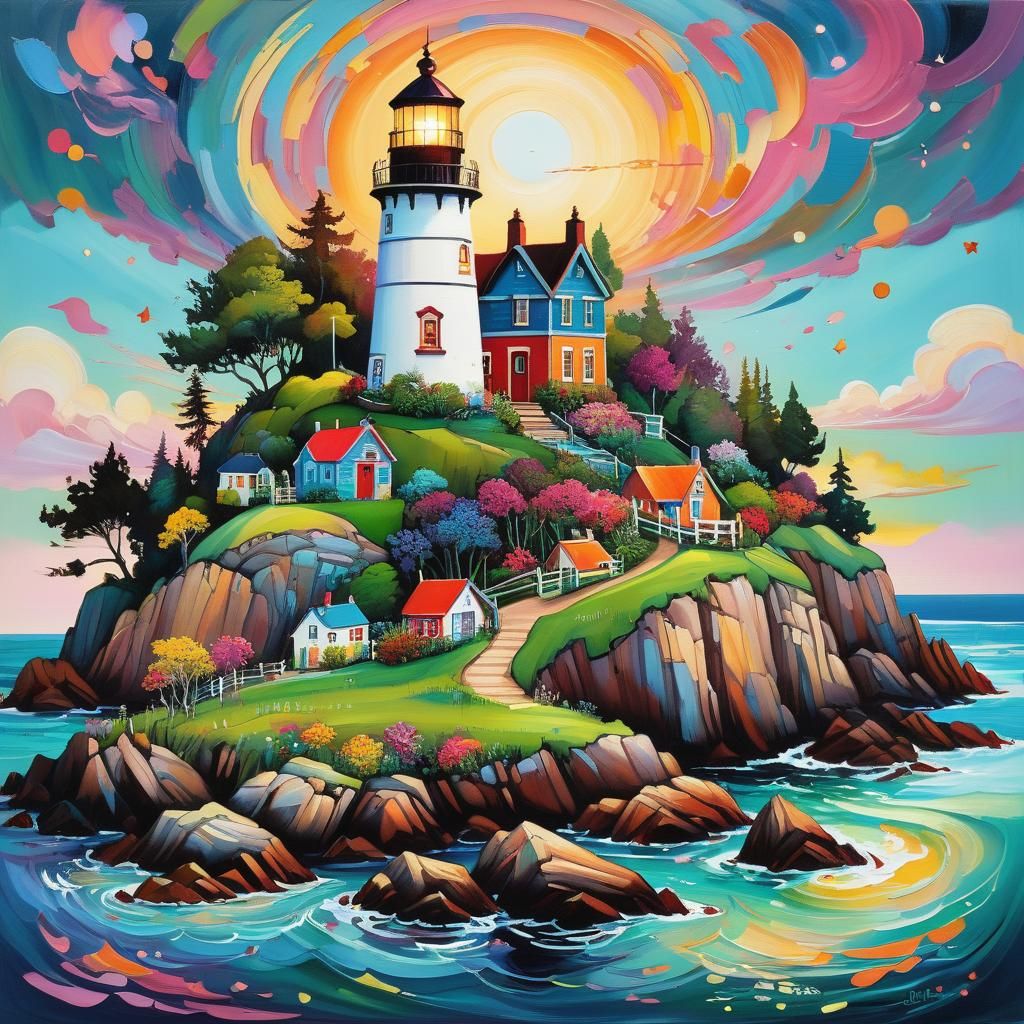 Eclectic Surrealist Fusion Fractal watercolor landscape with golden outlines by Marc Chagall. Distressed texture