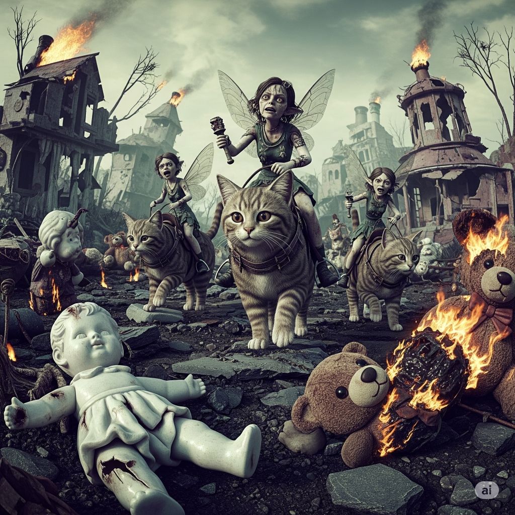 Weary faeries ride their battle kittens through a smoulderin...