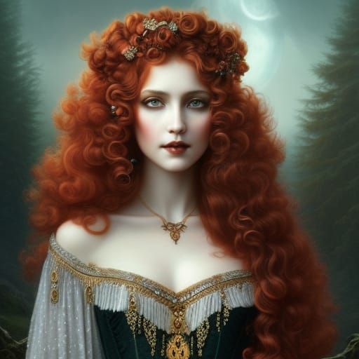 Gorgeous curly red-headed goddess, long hair, Rococo, gothic...
