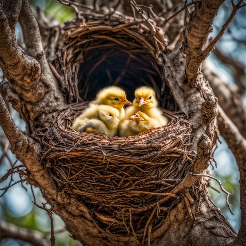 two chicks are sitting in its nest on a tree