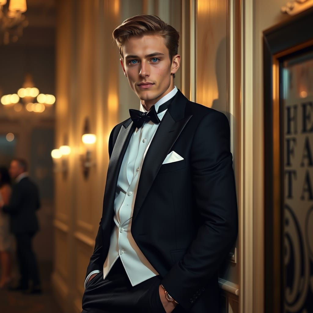 Tall guy leaning against a wall at a party. He's alone but wearing a tux. Blue eyes and blonde brown hair.