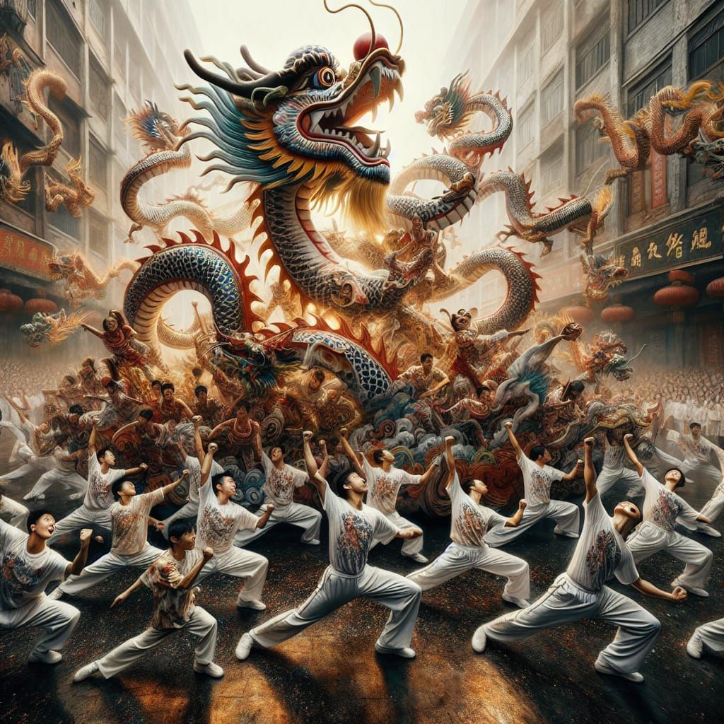 Dragon Dance at Chinese Carnival, Surrealist Oil Painting