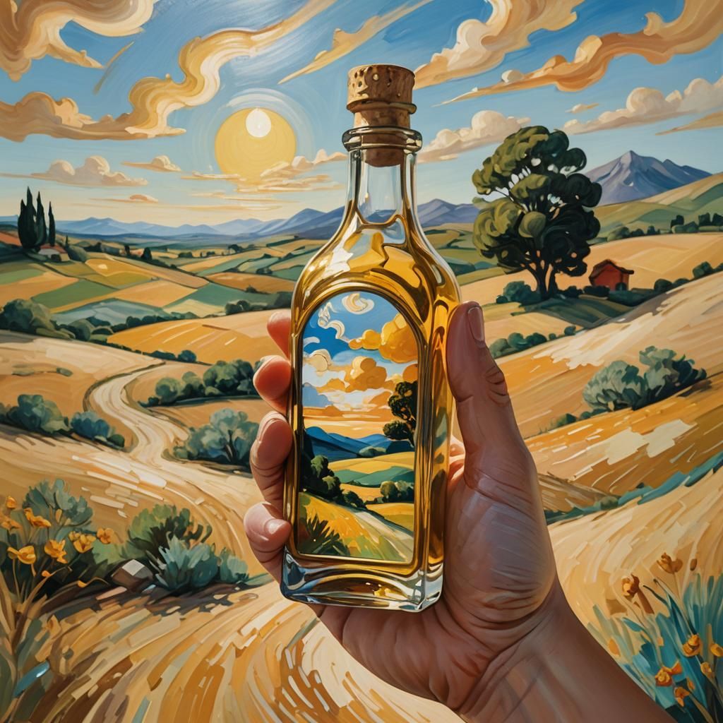Surreal Hand Holding Bottled Dreamscape as Oil Painting