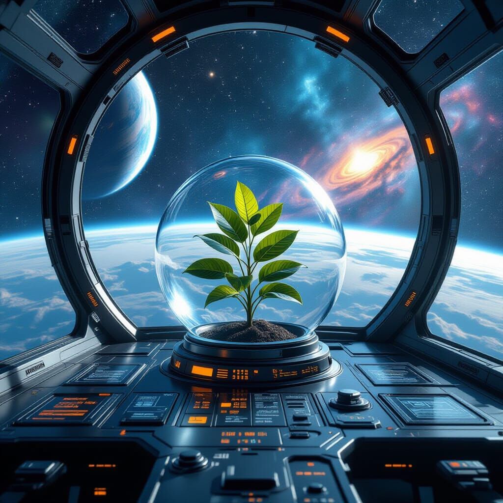 Futuristic spaceship cockpit with sleek metallic dashboard, solitary plant with vibrant green leaves ...  by @Charleen