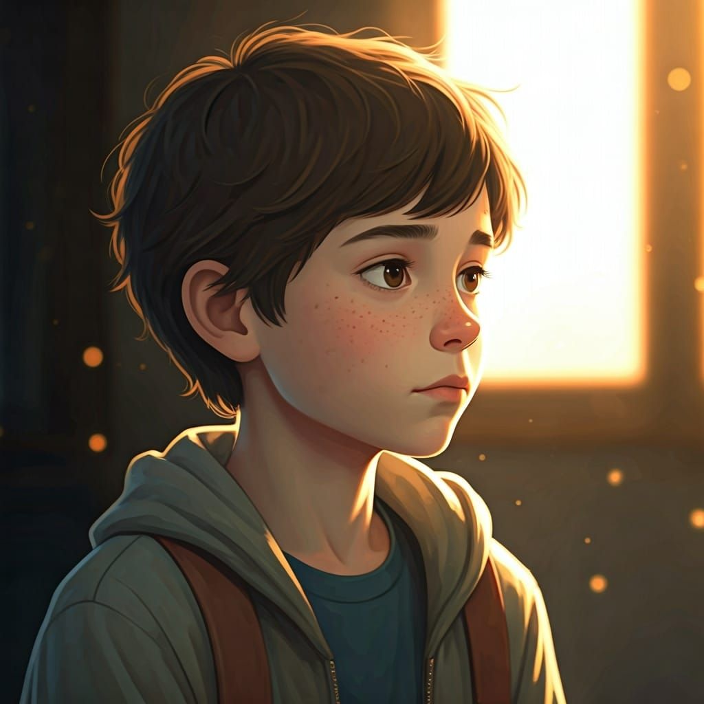 Boy Contemplating Life in Dreamy Art Style