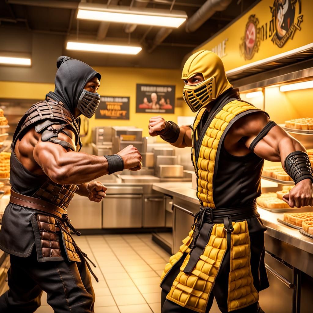 Mortal Kombat style image of a male Waffle house employee fi...