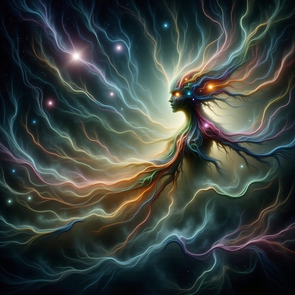 <lora:-Quantum Fluxus-:1.0> an ethereal creature on a flying carpet, between the stars