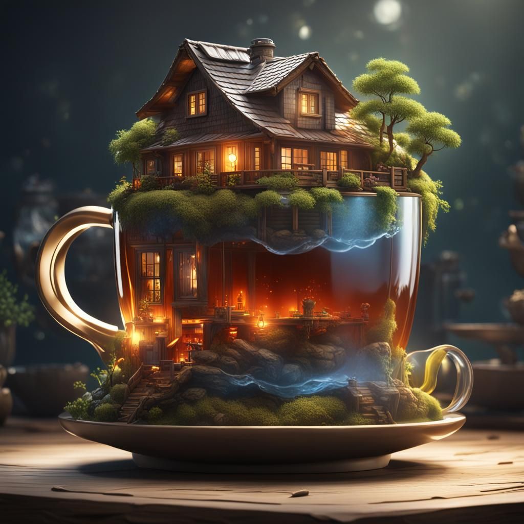 A small house that looks small in the middle inside a cup fi...